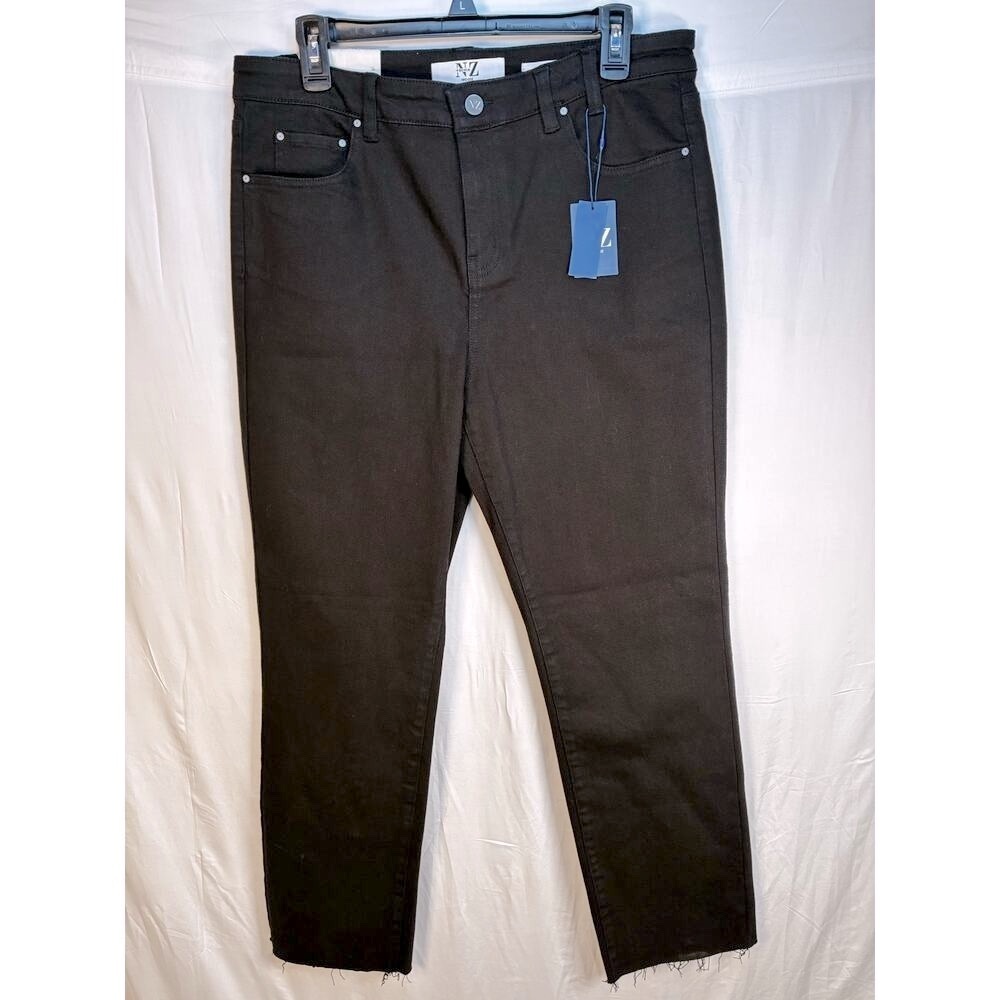 Nic+Zoe NEW Premium Black Denim Mid Rise Straight Jeans 32 x 28 Neutral Frayed